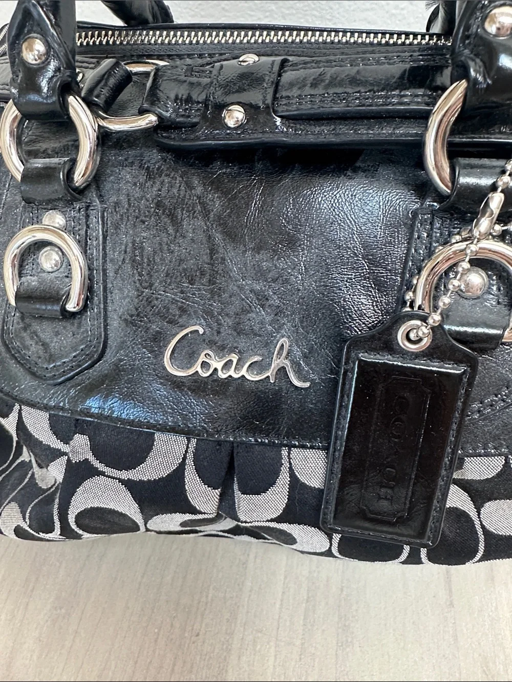 Coach Black & Gray Signature Satchel with Leather Trim